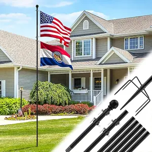 10 FT Heavy Duty Flag Poles in Ground with 5 Pronges Base- Extra Thick Flag Pole Kit for Yard, Fit for 2 Flags- Windproof Ground Flag Poles for Outside House Residential or Commercial, Black