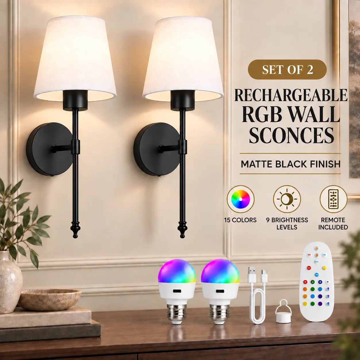 2-Pack Rechargeable Wall Sconces with Remote, Cordless RGB Wall Lights,15 light colors, 10 Brightness Levels, 3 Color Temperatures & Timer, Easy Install No Wiring, Gold or Black for Bedroom, Living Room, Hallway, Entryway & Office,rechargeable rgb