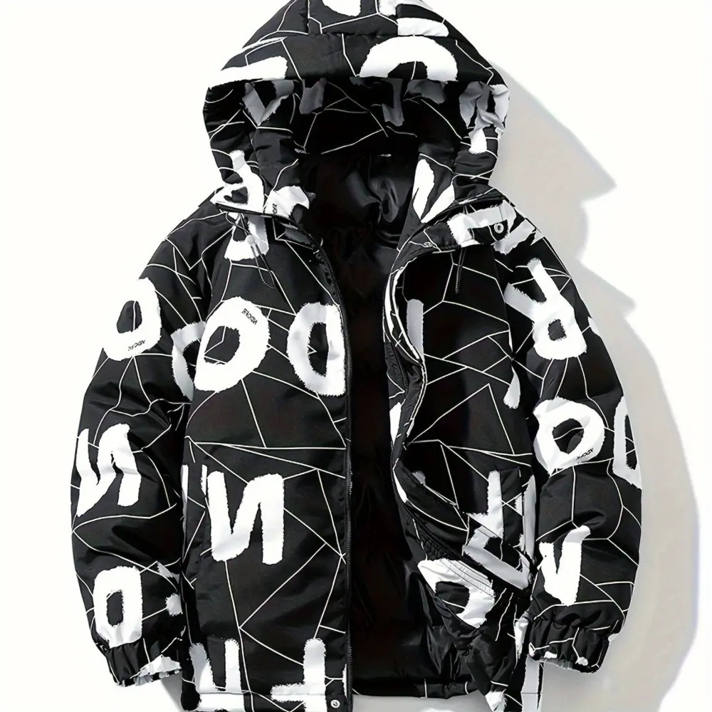 Men's Loose Fit Hooded Puffer Jacket - Lightweight, Water-Resistant Cotton-Filled Polyester Coat for Casual Winter Outdoor Wear, Down Jacket, Woven, Drawstring, Cold Wash, Loose-Fitting, M, Xl, No, Polyester Mesh