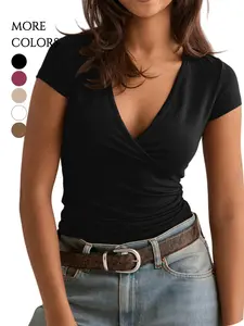 Women's Top Deep V Neck Slim Fitted T-Shirt, Front Wrap Design, Ruched Detailing, Short Sleeves, Ideal for Casual Wear
