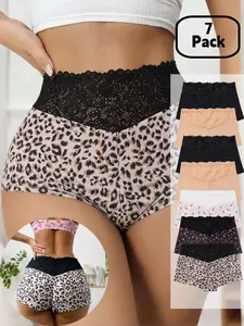 Women's Leopard Print Lace Trim Panties, Comfortable Breathable Four-Way Stretch Underwear, All-Seasons Pack of 7, Slim-Fitting Natural Waist