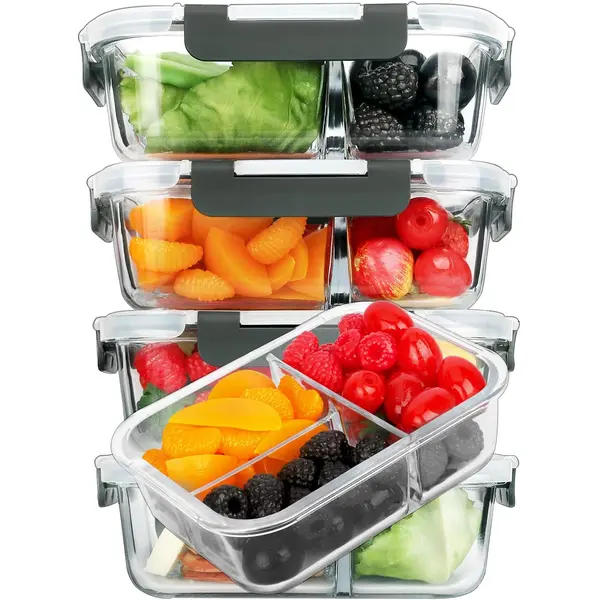 5-Pack Crystal-Clear Borosilicate Glass Meal Prep Containers (36 oz, 8in×6.5in×3in) - Stackable Airtight Leak Proof Lids, Kitchen Utensils, Healthy Meals Storage, Dishwasher-Microwave-Oven-Freezer Safe