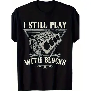 Comfortable 100 Percent Cotton Casual Men S T Shirt Featuring Building Block Play and Automotive Engine Prints For Sports Outdoors and Holiday Gifting