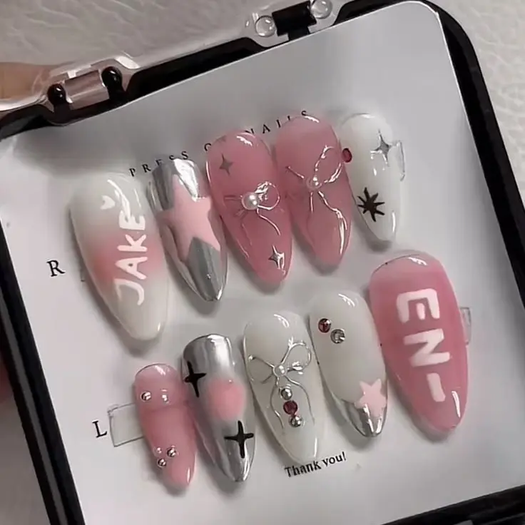 Handmade DEnhypena Press On Nails, Kpop Inspired Pink Chrome Nails, DENHYPENa JAKE Kawaii Acrylic Nails, 3D Bow Star Rhinestone Nails, Korean Glue On Nails with Gift Set (Adhesive Tabs, Nail File, Cuticle Stick)