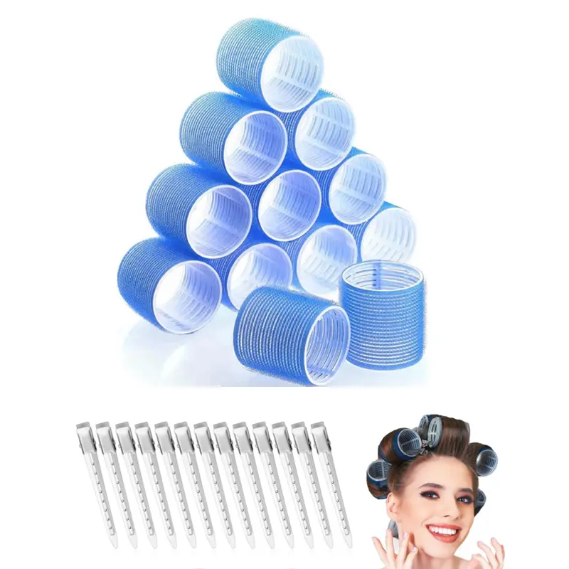 Pack of 24 Hair Curlers Set, Large Rollers with 12 Rollers and 12 Clips for Long, Thick Volume Used for Women, Men, Girls At Home (Blue)
