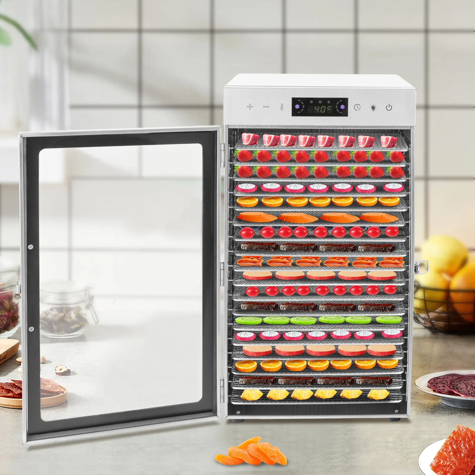 CNCEST 800W Power Stainless Steel Commercial Countertop Dehydrating Appliance - 18 Trays, Digital Control, Timer Set & Forget, LED Lights, 194°F High Heat, 110V Silver Unit for Food Drying Jerky, Fruit