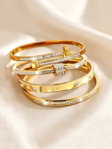 Elegant Zircon Stainless Steel Bracelet Set, Stackable Bracelets, Bracelet Style, Waterproof & Fade-Resistant, Perfect for All Seasons, Ideal Party Jewelry for Women