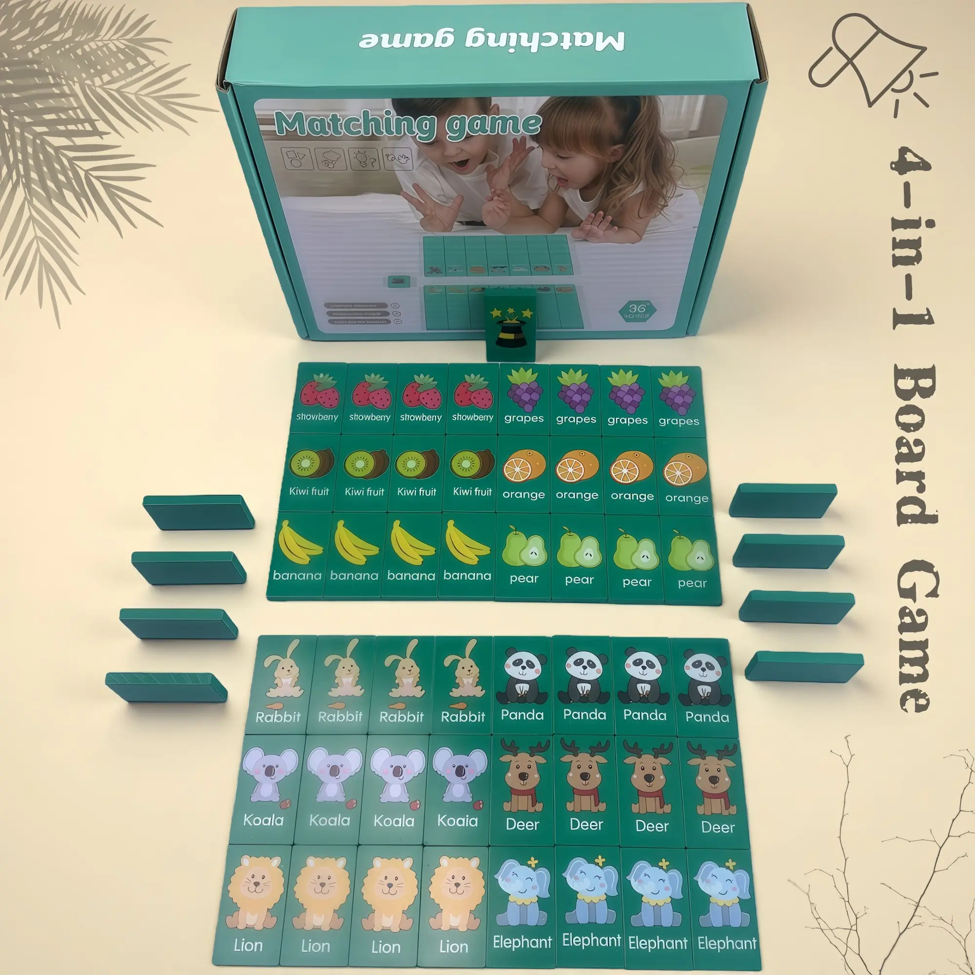 Wooden Multi-Functional Four-In-One Board Game Set, Fruit Animal Chain Memory Chess Dominoes Connect Three, Kids Early Education Toy, Family Board Games