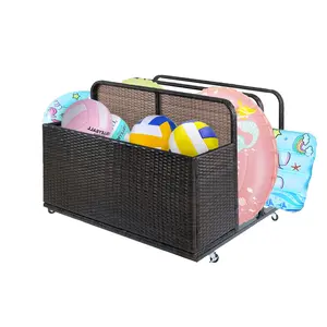 GAOMON Brown Poolside Float Storage, Double Layer Outdoor Storage, PE Rattan Outdoor Pool Caddy With Rolling Wheels, Patio Deck Boxes, Storage Box, Pool, Beach-Sturdy Compartment Accessory