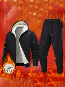 Men's Casual Fleece Hoodie and Pants Set, Warm Windproof Design, Fall Winter for Daily Wear, Shopping, Home Leisure, Friends Gatherings