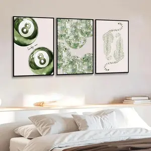3pcs/set Frameless Sage Green Cheetah Leopard "Lucky Me" 8 Pool Ball Canvas Print Poster Funky Chic Modern Minimalist Design Animal Art Prints Wall Art Home Decor Home Decor Supplies