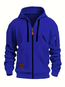 Men's Casual Hooded Zipper Jacket with Pockets, Long Sleeve Fleece Coat, Perfect for Spring & Fall, Solid Color Outerwear