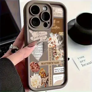 Brown Flower English Cross Frosted Soft Case for iPhone 17 Air 16 15 14 Pro Max 13 12 11 XR XS Plus Shockproof Full Camera Protection Durable slim Silicone Cover Smartphone Cellphone
