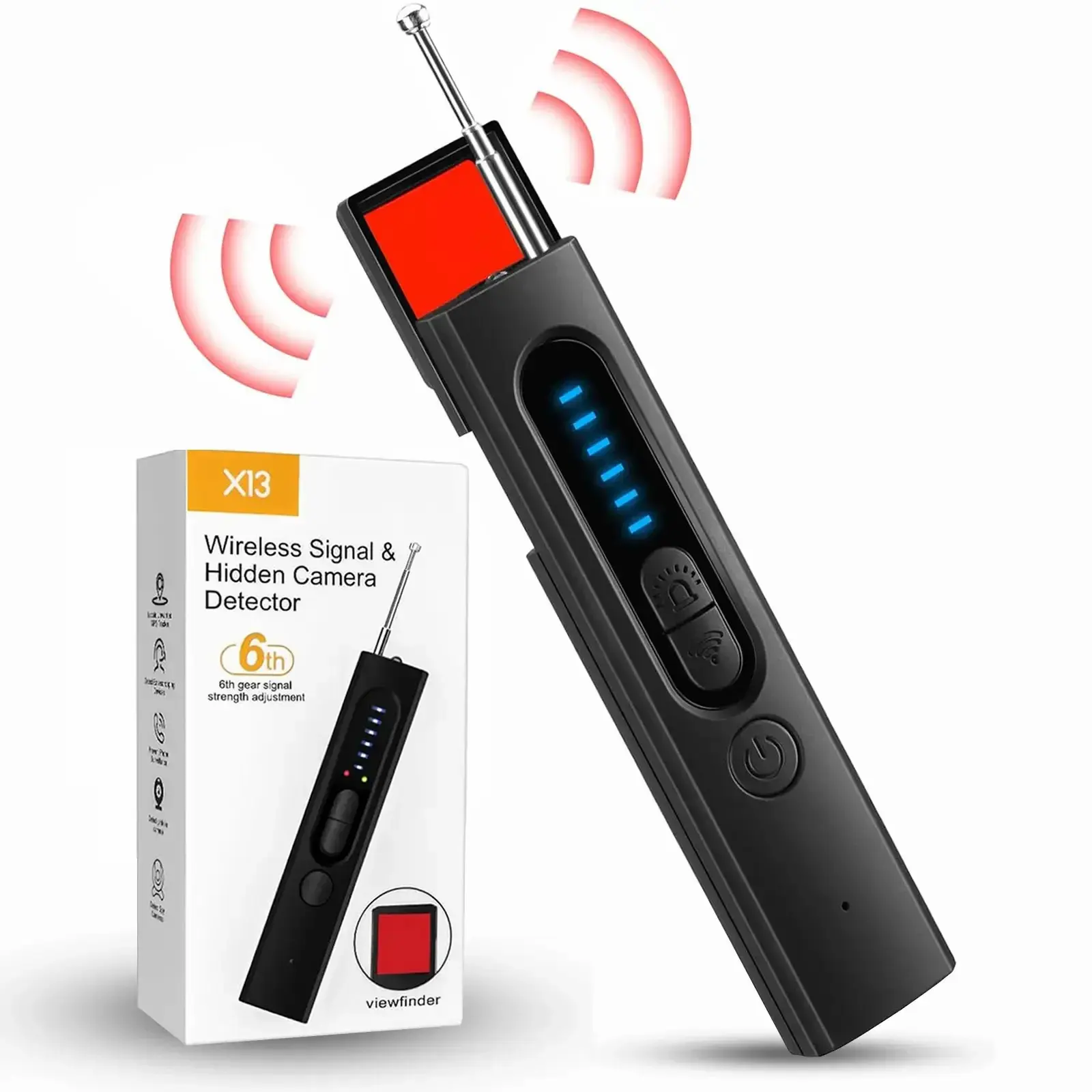 Hidden Camera Detectors, AI-Powered Spy Camera Detector, Car GPS Tracker detector, Bug Detector, RF Signal Detector, Listening Device Detector,  Infrared Light Detection, 6 Levels Sensitivity, 4 Detection Modes, 30H Working Time for Travel, Car, Bathroom
