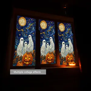 Static Cling Halloween Pumpkin Window Film, Oil Painting Style Decorative Sticker for Living Room Bedroom, Light Blocking Glass Decal