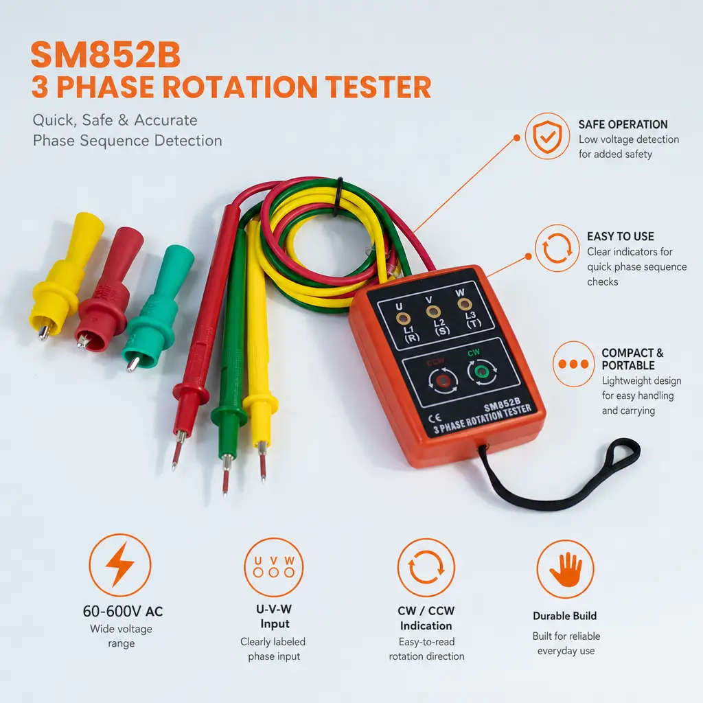 3 Phase Rotation Tester - 60-600V AC Sequence Detector with Open Circuit Check, LED & Buzzer Indicators, Portable Voltage Tester for Home Improvement, Solar & Wind Power Motor Wiring