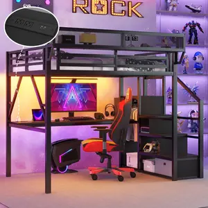 Durable Metal Modern Full Loft Bed Frame with Upper Guardrail, Desk, USB Charging Station, Stairs, RGB Lights for Kids, Indoor Furniture