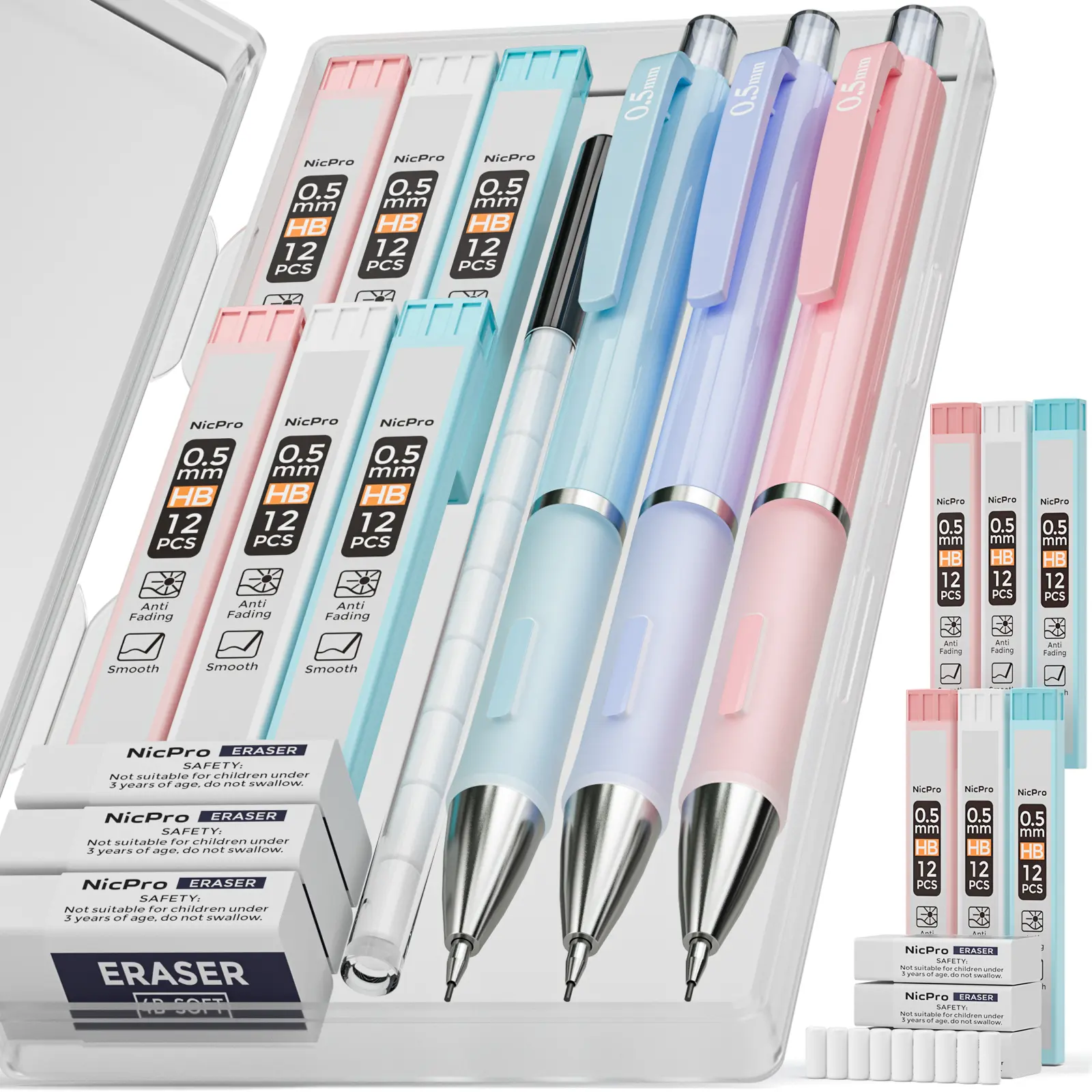 Nicpro Mechanical Drawing Pencils Set - Cute Aesthetic Assorted Pencils with Flexible Grip, Pastel Case, HB Lead Refills, 3 Erasers, 9 Eraser Refills (Blue,Pink,Violet) for College School Supplies, Teenage Girls Gifts, Office Accessories