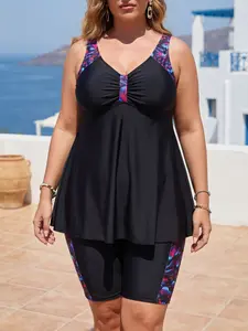 European and American Fashion Print Two-Piece Swimsuit, Plus Size High-Waisted Bikini Bottoms, New Beach Swimwear for Women