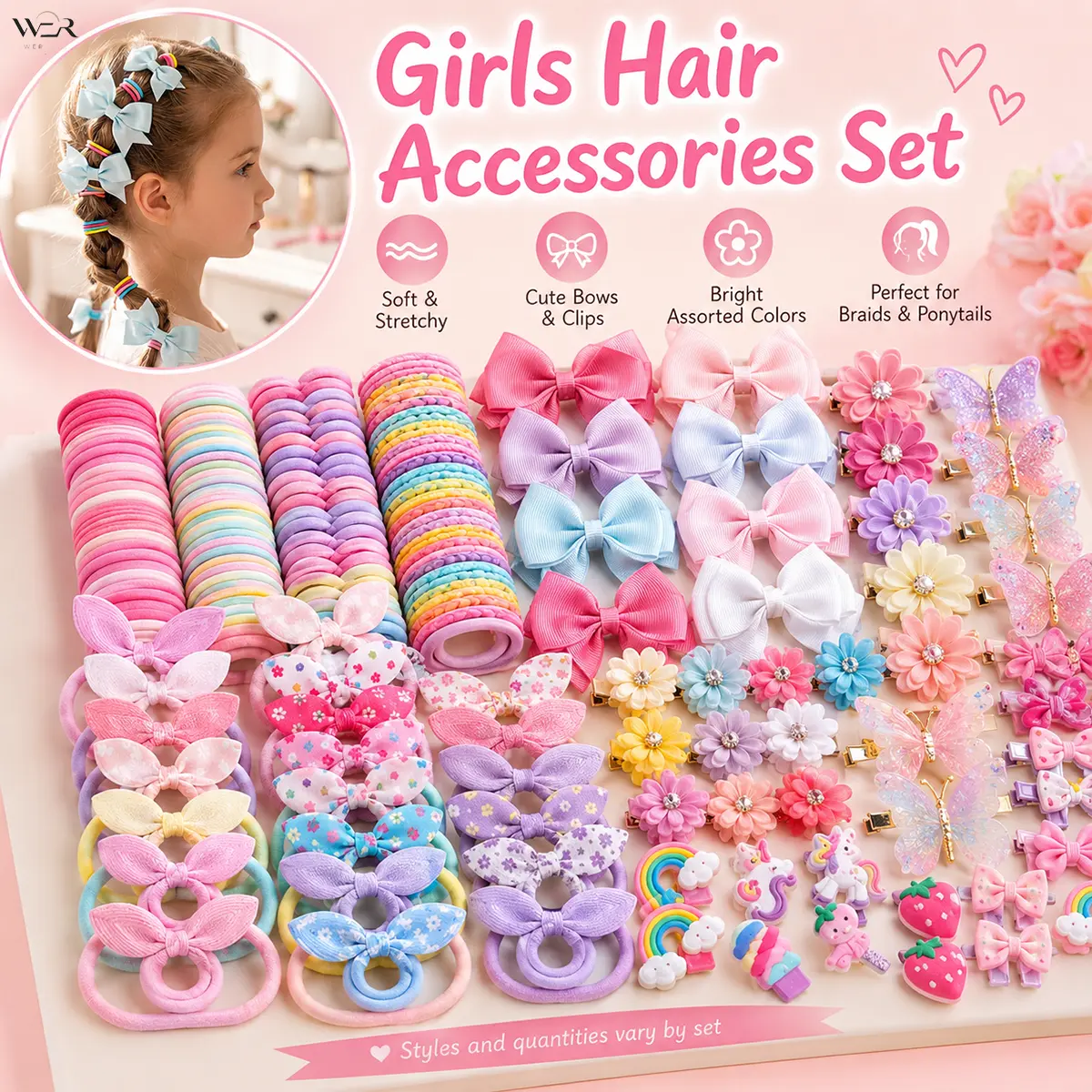 Girls Hair Accessories 1 Set - Assorted Sweet Bow, Butterfly, Flower Clips, Sparkling Feminine Style for Daily Wear, Special Occasions, Perfect Gift