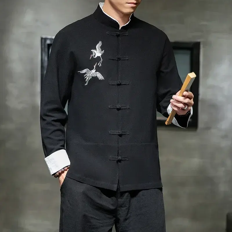 Men's Knitted Half-Sleeve Linen Hanfu Shirt - Crane Embroidery, Mandarin Collar Vintage Kung Fu Cardigan, Traditional Menswear Special Occasion Clothing, Knitted Shirt, Traditional Clothing, Elegant Traditional Men's Hanfu
