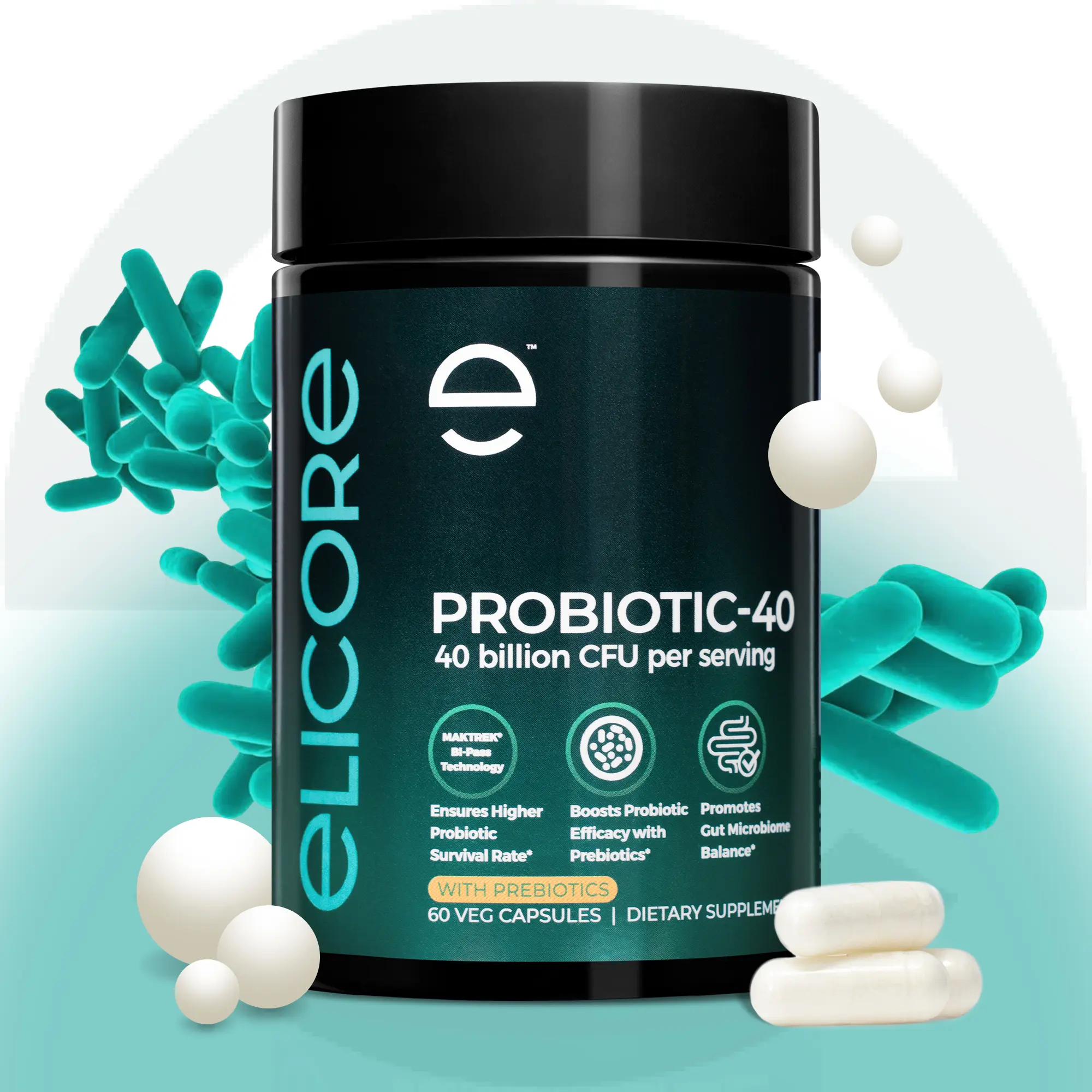 ELICORE Probiotic-40 with Prebiotics – 40 Billion CFU 4-in-1 Probiotic Complex – Supports Digestive & Gut Health for Men & Women – 60 Veg Capsules