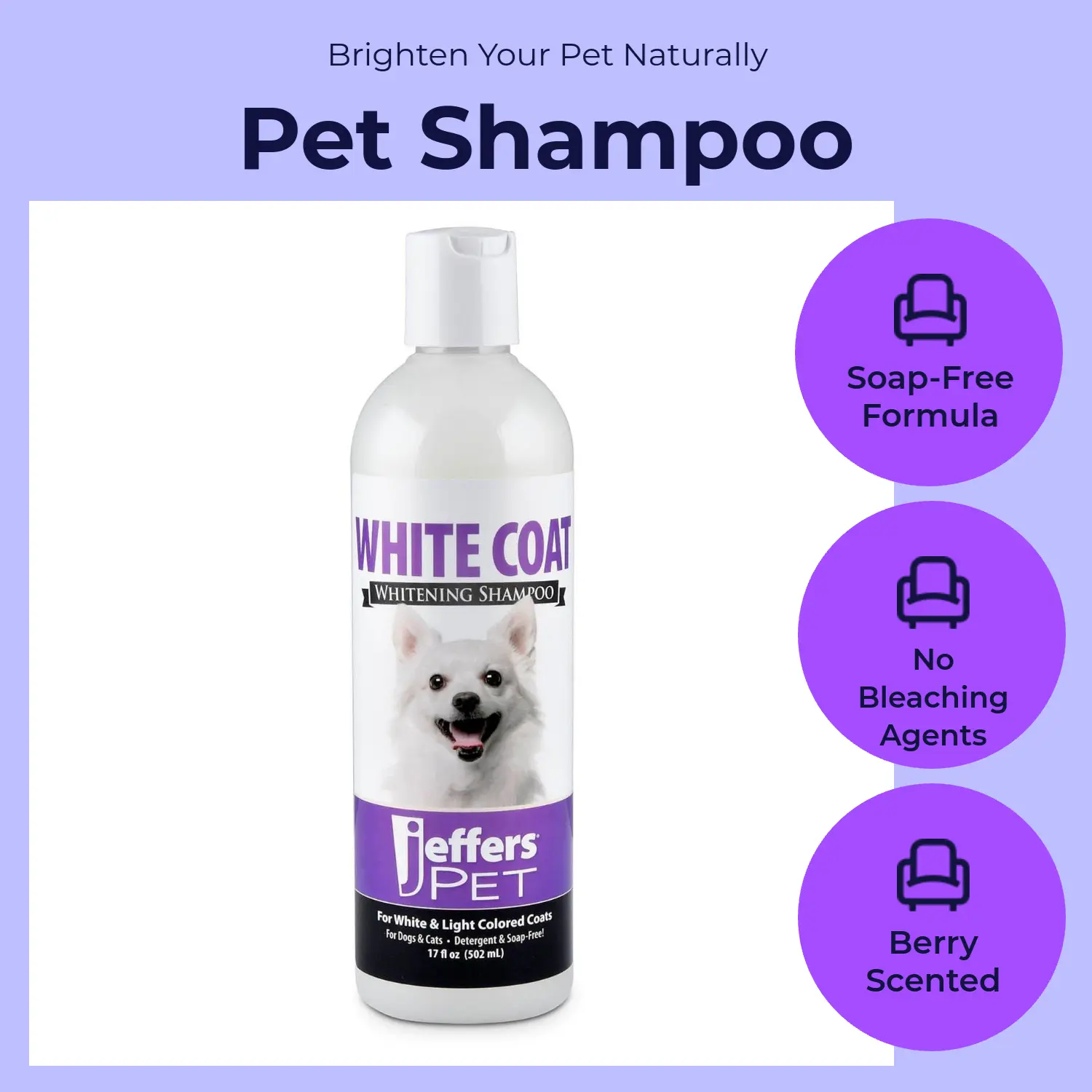 Jeffers Pet White Coat Whitening Shampoo for Dogs & Cats, Berry Scented, No Bleaching Agents, Enhances Natural Brightness, US-Made Pet Grooming Product