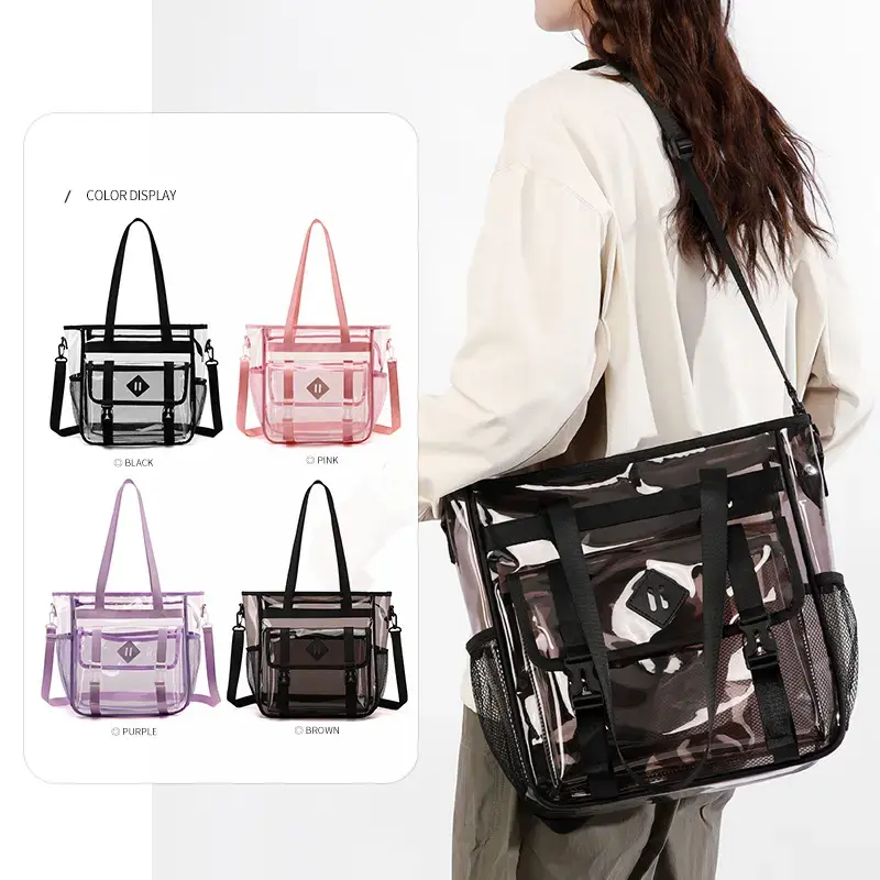 Large Clear Transparent Tote Bag with Stadium Security Approved PVC Design,Removable Shoulder Strap and Spacious Capacity for Sports Events,Concerts,Beach Trips and Daily Use,Lightweight Hands Free Clear Handbag for Women’s Travel and Everyday Essentials