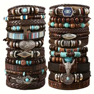 24Pcs Retro Head Turquoise Cowrie Wood Bead Bracelet Set - Brown Faux Leather with Star & Feather Pendants, Ideal Gift for Friends, Daily Occasion, Everyday Bracelet | Vintage Style Bracelet | Faux Leather Bracelet