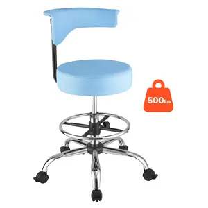 VEVOR Rolling Stool with Back Support, 500 lbs Weight Capacity, Height Adjustable, Thick Cushion Ergonomic PU Leather Seat, 360° Swivel Round Rolling Stool Chair for Dental, Salon, Clinic, Blue