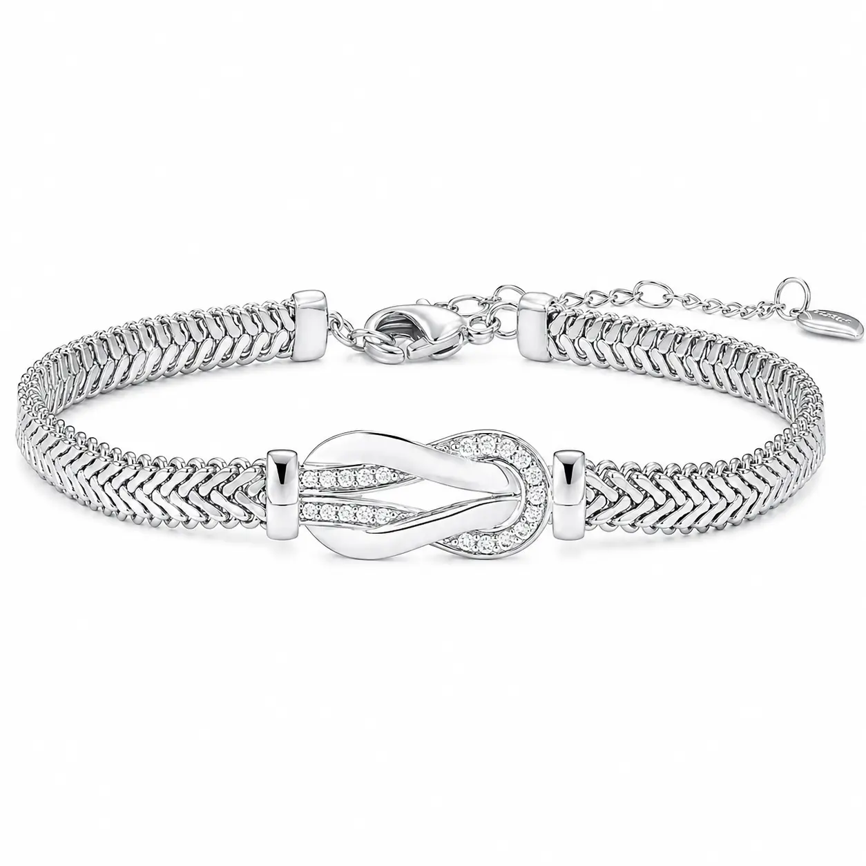 KASHELIN Women's Horseshoe Buckle Bracelet, Gold or Silver Plated Mesh Chain Bracelet with Cubic Zirconia, Adjustable Lucky Charm Costume Jewelry Statement Piece