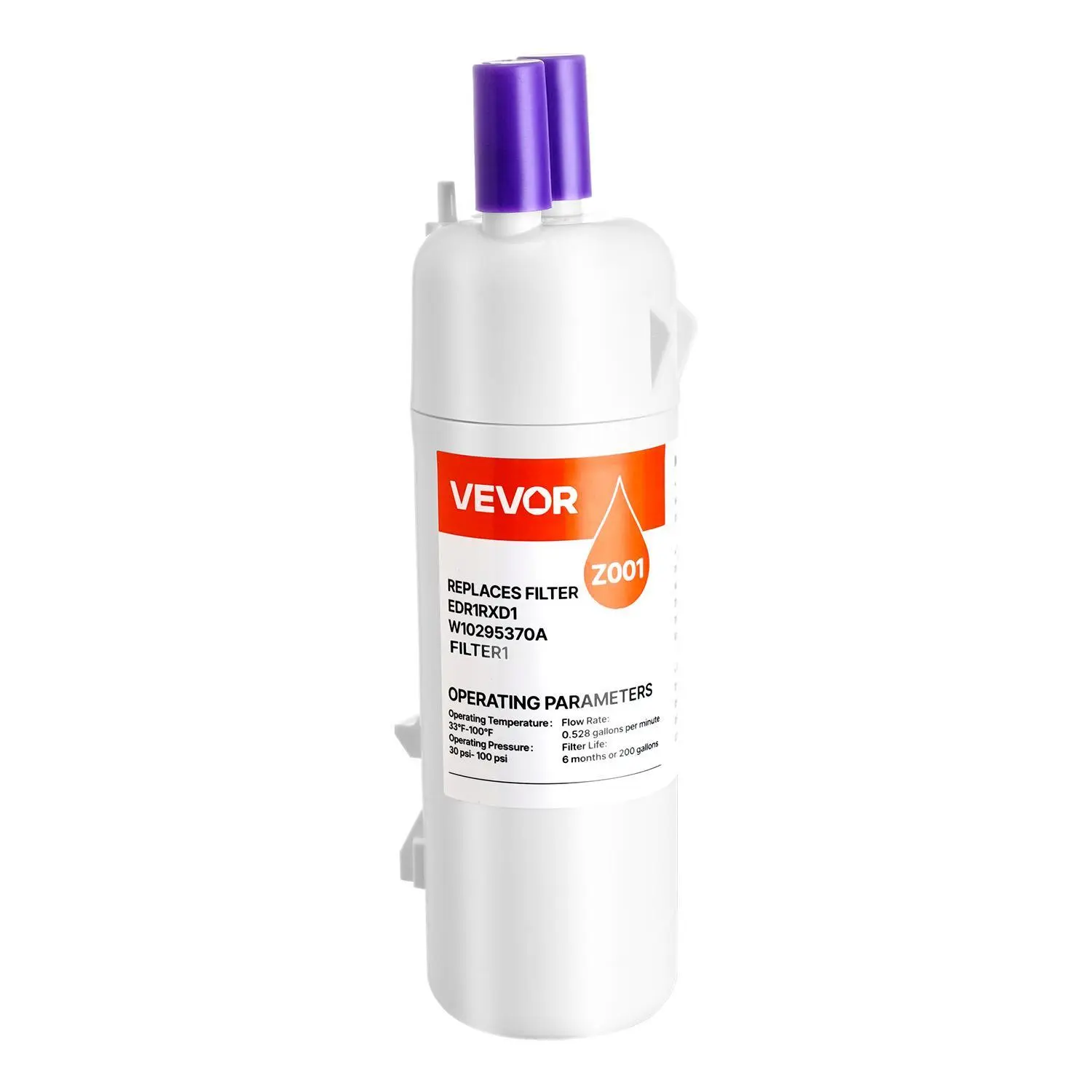 【Summerfinds】VEVOR Refrigerator Water Filter Replacement,  Carbon Block Filtration for Clear Drinking Water, Certified to Reduce Chlorine, Taste & Odor, Lead, Sediments, 70+ Contaminants, White, 1 Pack