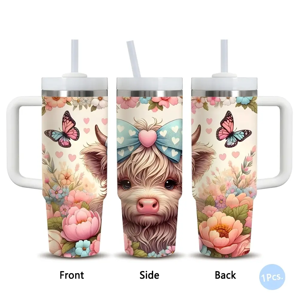 Pink Bow Highland Cow  Vacuum Flasks 40oz Stainless Steel Vacuum Insulated Tumbler with Handle & Straw | Insulated Drinkware | Long-Lasting Cold & Heat Retention, Leak-Resistant | For Iced Coffee, Water, Office, Gym & Travel