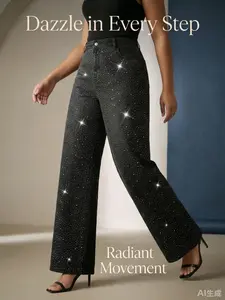 Women's Plus Size Womenswear Spring 2026 Commuter Rhinestone Embellishment Starry Sky Effect Slimming Wide Leg Jeans, Casual Outings Fitted Denim Jeans Bottoms