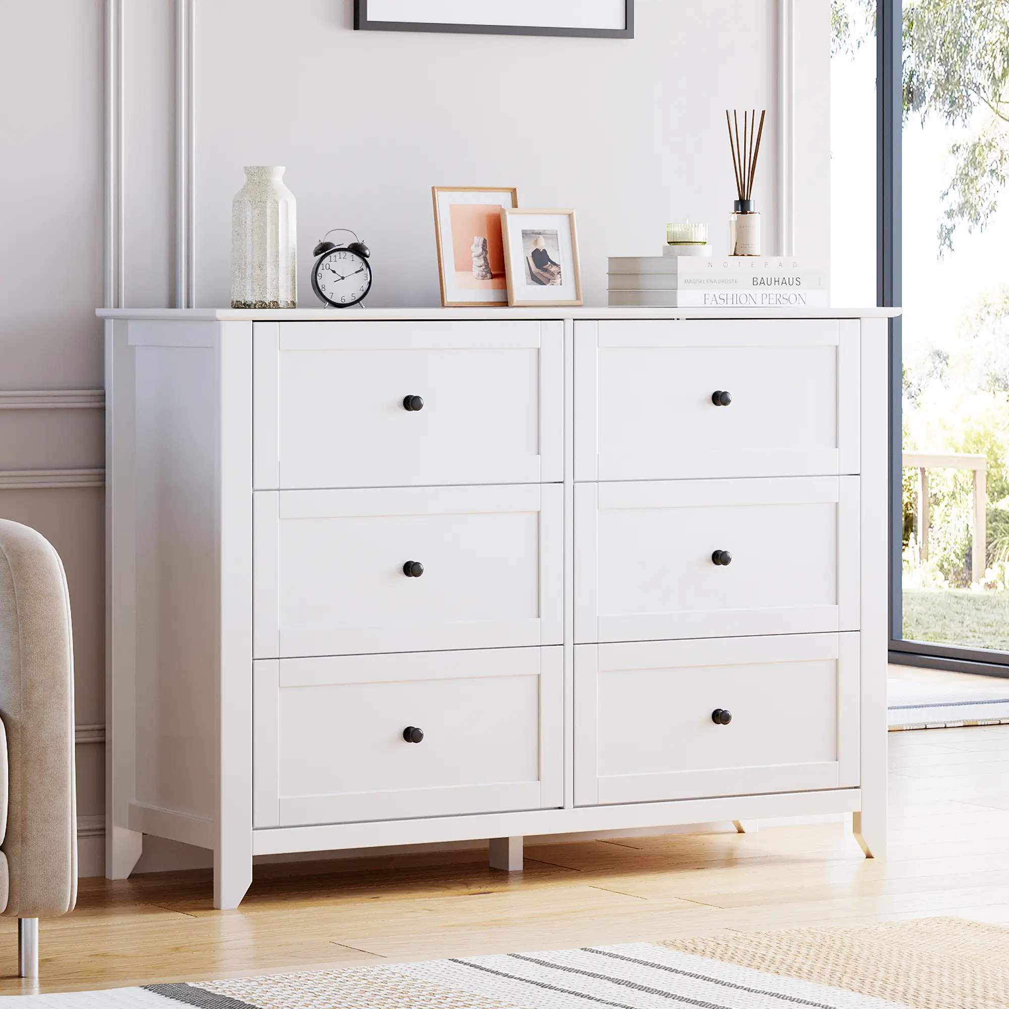 6 Drawer Wooden Dresser for Bedroom, Modern Chest of Drawers With Round Handles, Practical Wood Dresser Storage Organizer Cabinet For Bedroom Living Room Entryway Home Furniture