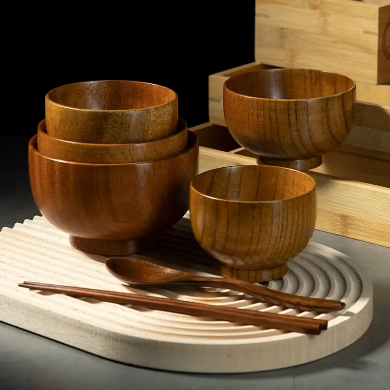 12Pcs Hand Carved Hand Polished Wooden Tableware Set, Unique Organic Wood Grain, Eco-Friendly Sustainable Solid Wood Dinnerware, Ideal Housewarming Gift