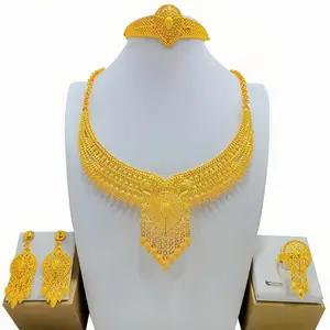 Gold Plated Dubai Saudi Jewelry Bride Wedding Necklace Earring Ring Bracelet Four-piece Simple Bridal Set Jewellery In Gold