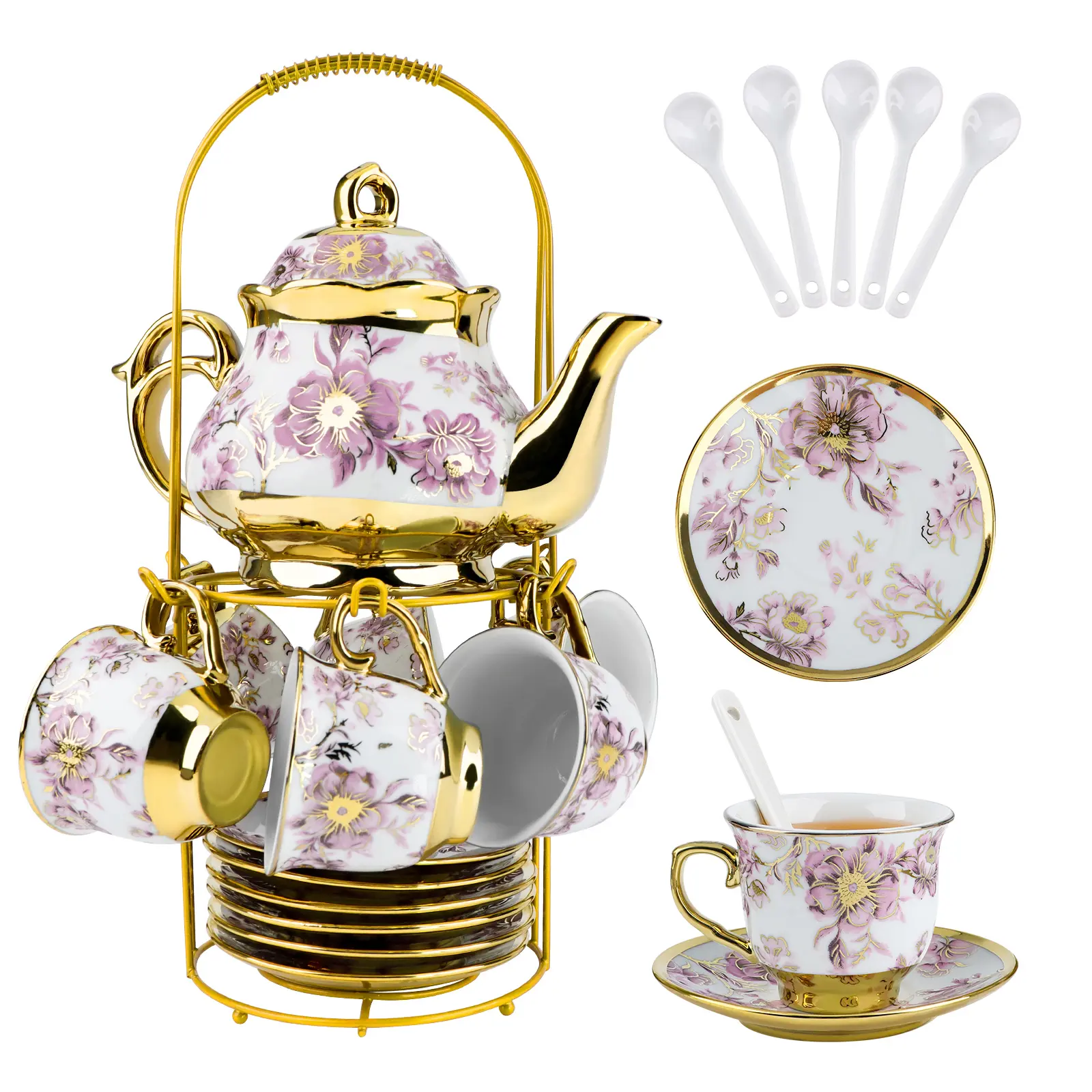 20 PCS Ceramic Tea Sets for Women Tea Party, Purple Pattern Tea Set with Gold Shelf, Flower Porcelain Tea Set with 6 Plates & 6 Spoons, Coffee Cup Set for Restaurant Hotels Dinner