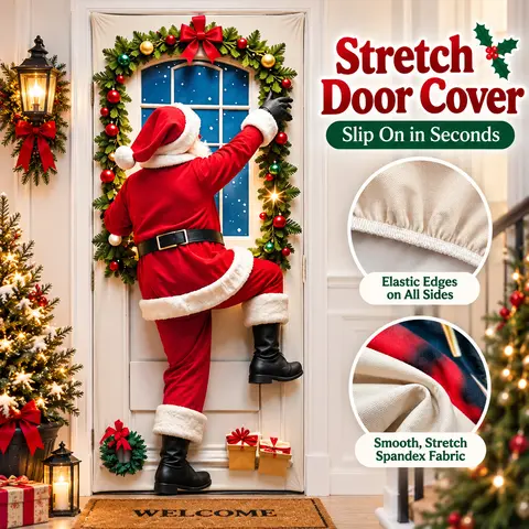 Stretch Christmas Door Cover - DIY Door Handle Cutout Stretch Fit Santa Door Decoration with 4-Side Elastic Edges, Slip-On Holiday Door Banner for Front Door, Home Christmas Decor