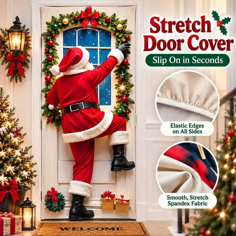 Stretch Christmas Door Cover - DIY Door Handle Cutout Stretch Fit Santa Door Decoration with 4-Side Elastic Edges, Slip-On Holiday Door Banner for Front Door, Home Christmas Decor