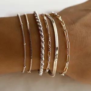 Tewiky 6Pcs  Bracelets for Women Waterproof,  Jewelry Sets for Women Trendy Thin Dainty Stackable Cuban Link Paperclip Chain Bracelet Pack Fashion Accessories Gifts for Womens maximalist jewelry,Valentine's Day Gift