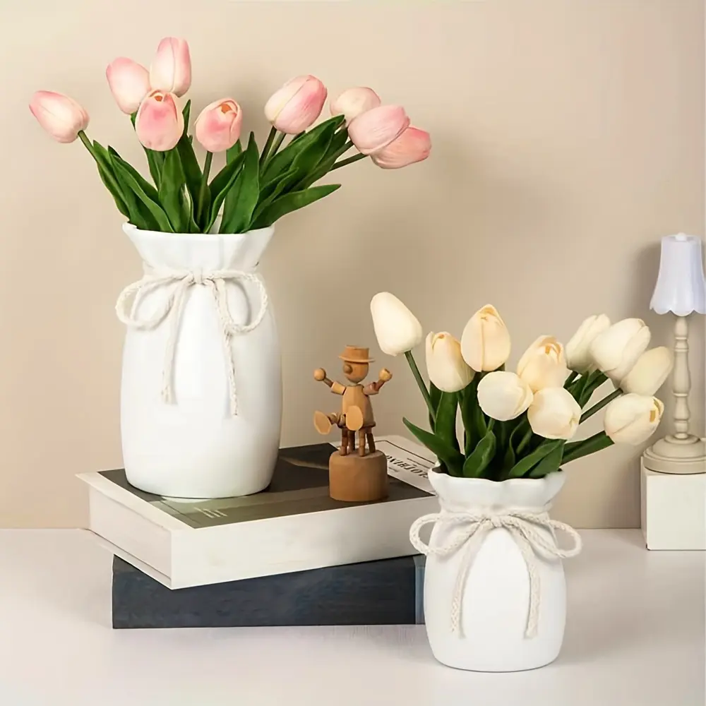 Pleated Jute Vase 2 Sizes - Cloud Rim Ceramic-like, 8in/5in Shatterproof Flower Arrangement Vase for Entryway Table, Dried Fake Flowers, Nordic Farmhouse Decor, Decorative Vase