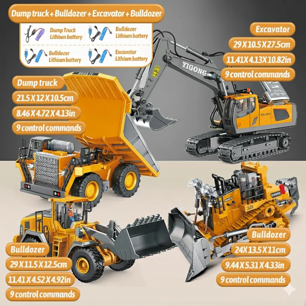 1:24 Scale Part-Alloy Metal RC Excavator Bulldozer, 9-Channel 2.4G RC Controlled Crawler, Palm-Graspable Mini Off-Road Electric Engineering Toy Truck, Button Cell-Powered for Indoor and Outdoor Play