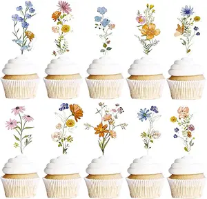60PCS Flower Birthday Cupcake Toppers Decorations With bamboo skewers, Wildflower Baby in Bloom Baby Shower Cake Decorations for Girls Women, Garden Floral Fairy Party Decor