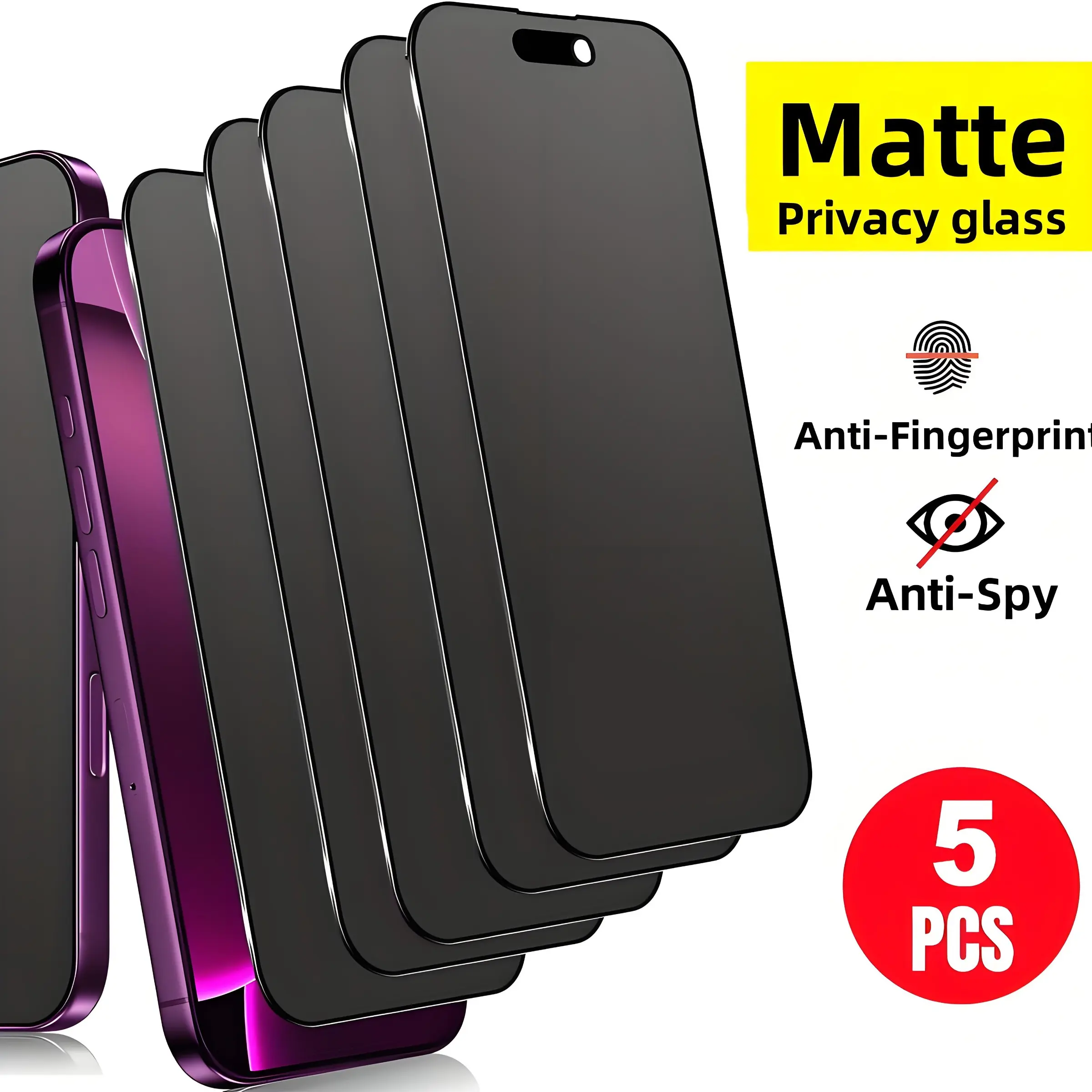 5 Pack Matte Privacy Screen Protector Compatible With IPhone 17/Air/17 Pro Max/16 Pro Max/15/14/13/12/XR/XS, 9H+ Hardness Tempered Glass Film, Anti-Scratch, Anti-Fingerprint, Anti-Peeping, Case Friendly, Bubble-Free