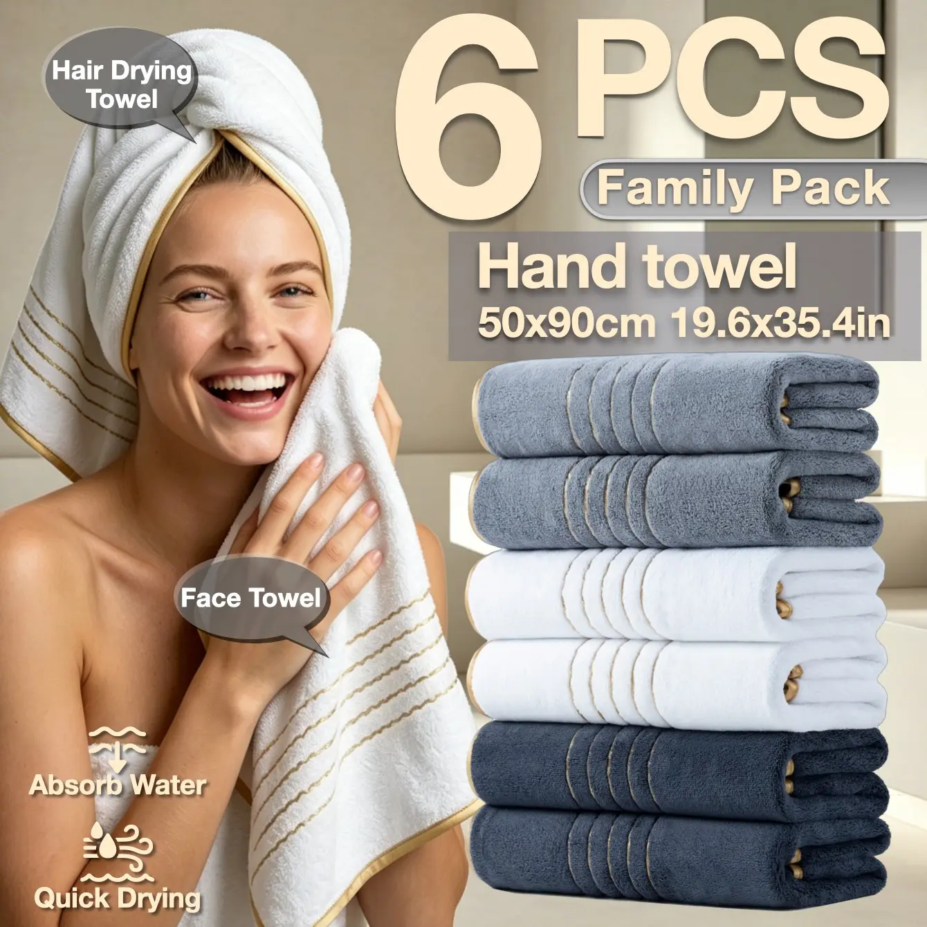 6-Pack High-Quality Luxury Face Towels, Striped Design, Super Absorbent & Quick-Dry, Soft Touch, Reusable, Ideal for Home & Spa Use, Quick Drying Towel