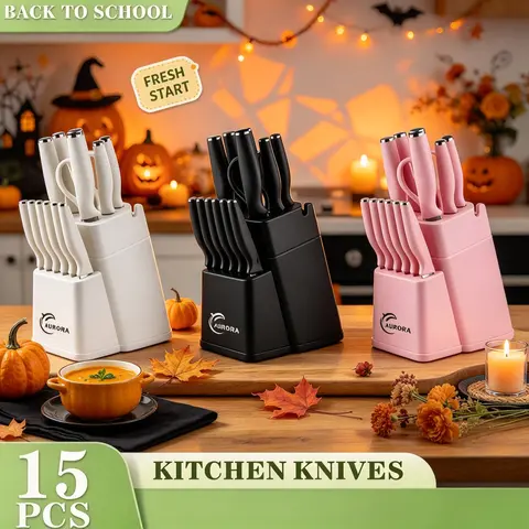 15pcsforged high carbon kitchen knife holder set-sturdy&durablechef's knife,scissors,meat preparation knives,thick knife holder,compact storage,anti slip ergonomic handle,steak slicing blade,perfect gift forhotels,weddings,family gatherings,essentialgifts
