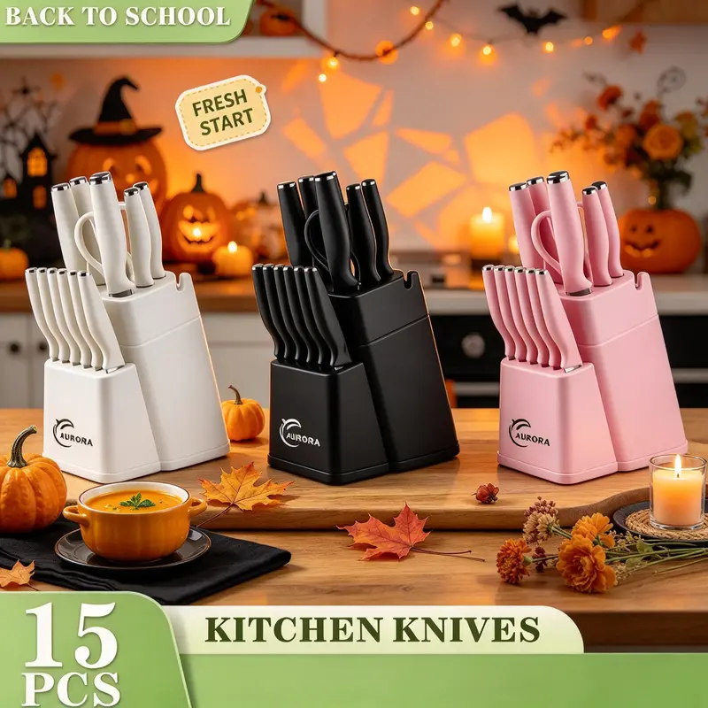 15pcsforged high carbon kitchen knife holder set-sturdy&durablechef's knife,scissors,meat preparation knives,thick knife holder,compact storage,anti slip ergonomic handle,steak slicing blade,perfect gift forhotels,weddings,family gatherings,essentialgifts