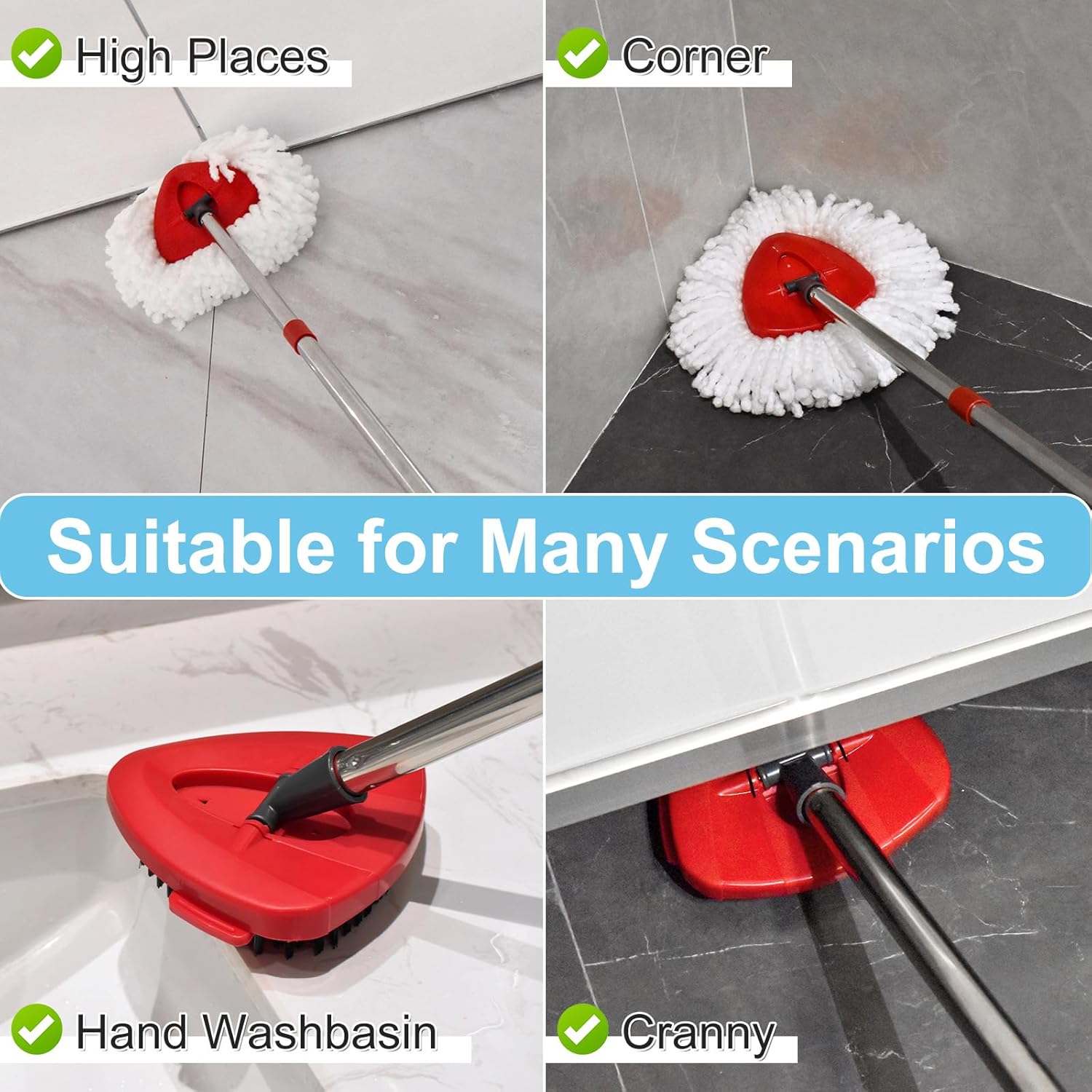 Spin Mop Replace Head Base, Handle Compatible with O Cedar EasyWring Microfiber Spin Mop, 2 Mop Refills Replacement Heads, 30-58" Mop Handle and 1 Mop Base Combo Set (White, 1-Tank System)