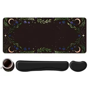 4pcs Peaceful Night Plants Design Mouse Pad + Keyboard Wrist Rest + Ergonomic Mouse Pad + Coaster Set For Desktop Decoration, Desktop Accessory, Office Accessories Set Ergonomic Wrist Support, Computer Mat Mouse Pad Coaster Suitable For Home Office Gaming